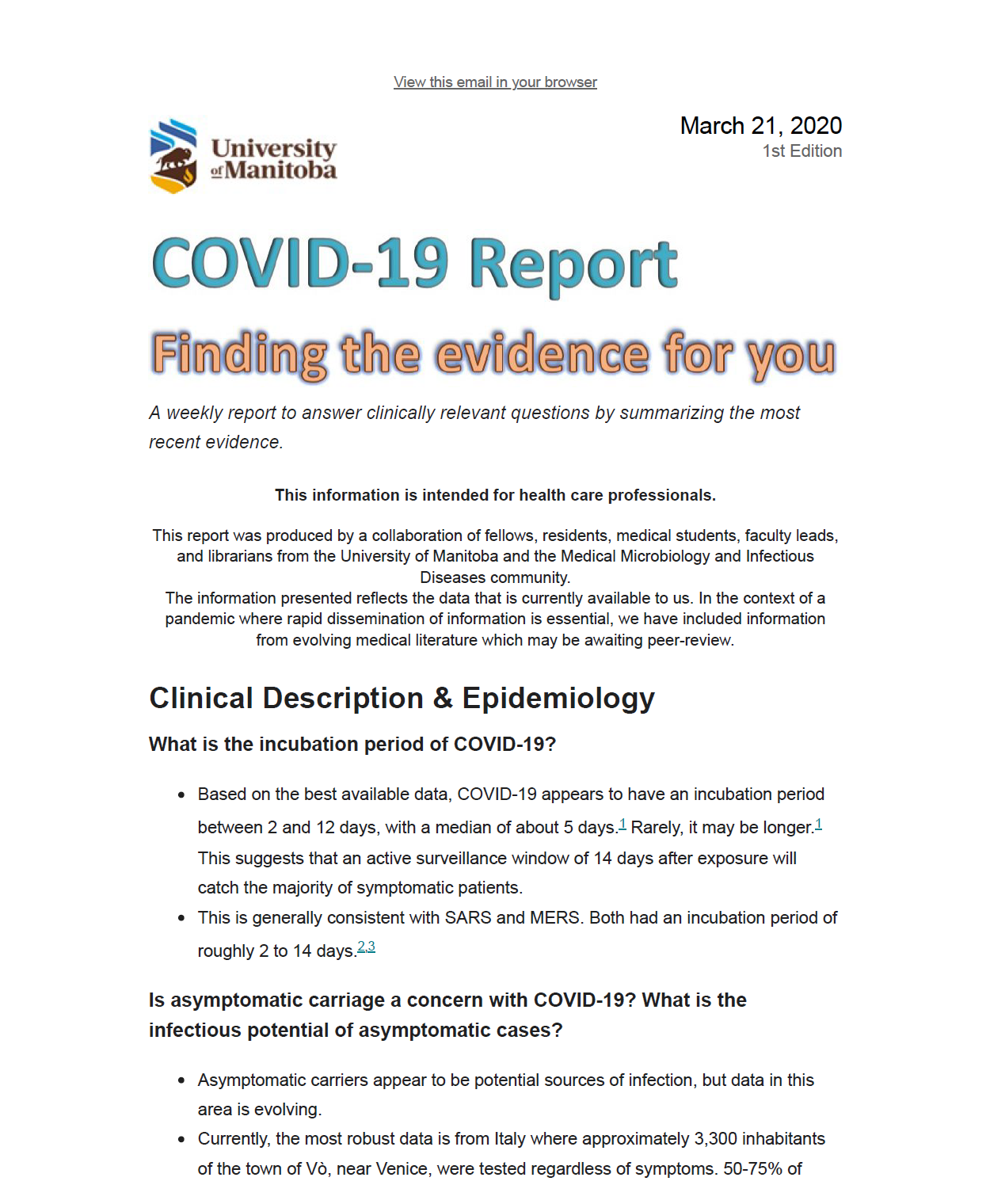 You are currently viewing University of Manitoba – COVID-19 Report – Finding the evidence for you