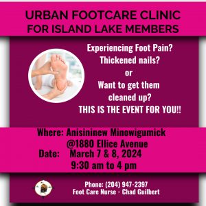 Read more about the article Urban Footcare Clinic for Island Lake Members – March 7-8, 2024